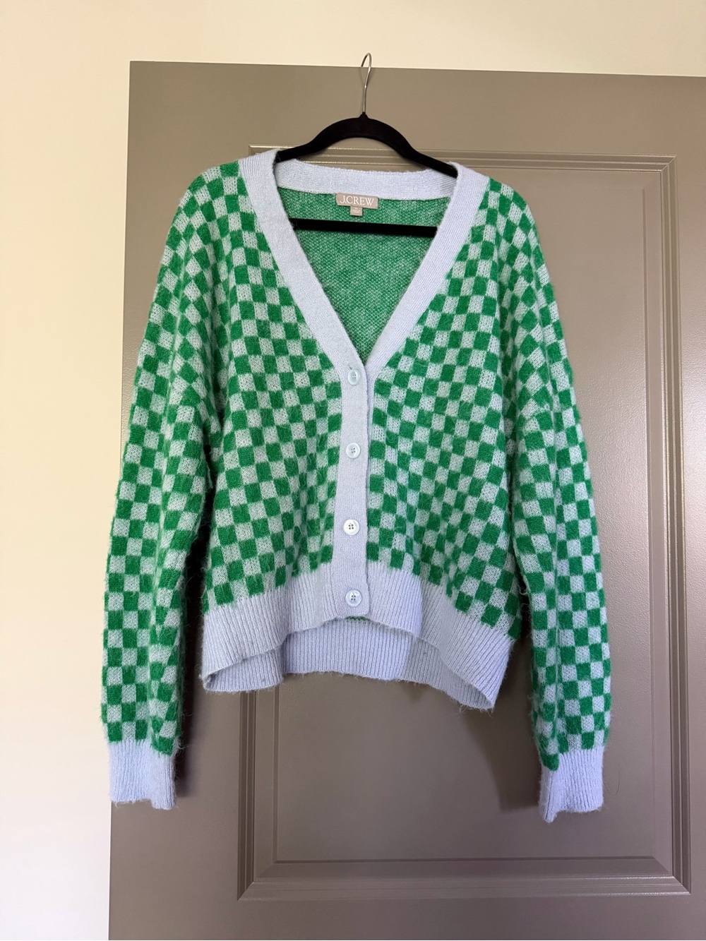 J. Crew Green and Light Purple Checkerboard Button-Front Cardigan